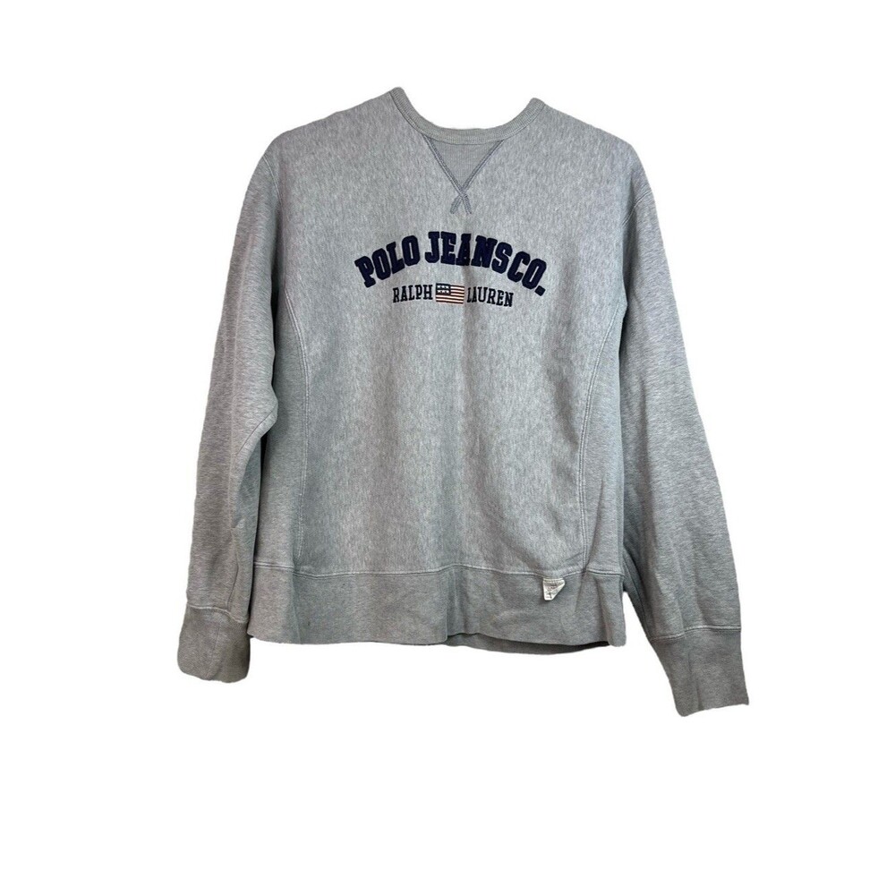 Vintage Polo Jeans Ralph Lauren Y2K Flag Logo Sweatshirt Grey Ribbed Sides Sz M